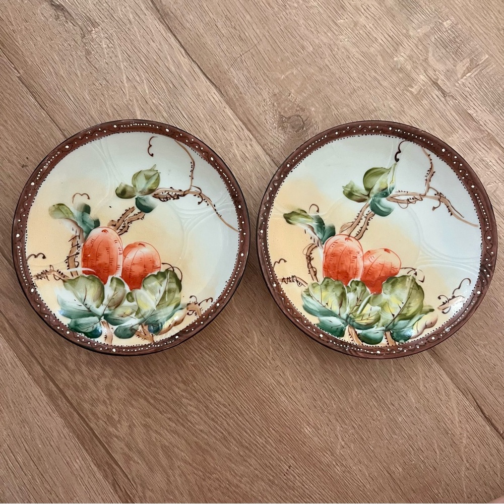 RARE Antique 1891-1911 Maple Leaf Mark Nippon Plates Hand Painted Fruits‎ 2 Pcs